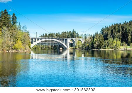 Kouvola, Finland - May 16, 2019: Spring Landscape Of Bridge And Kymijoki River Waters In Finland, Ky