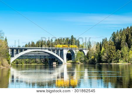 Kouvola, Finland - May 16, 2019: Spring Landscape Of Bridge And Kymijoki River Waters In Finland, Ky