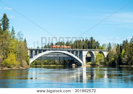 Kouvola, Finland - May 16, 2019: Spring Landscape Of Bridge And Kymijoki River Waters In Finland, Ky