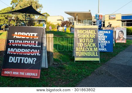 Melbourne, Australia - May 18, 2019: Australian Labor Party Posters Outside Mallauna College In The 