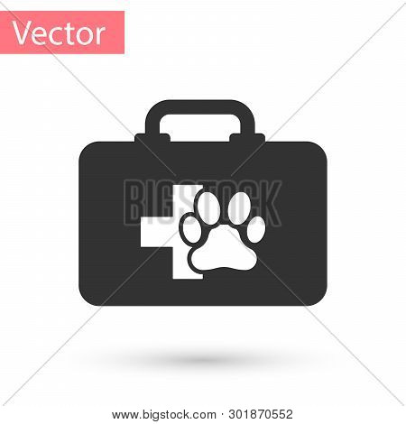 Grey Pet First Aid Kit Icon Isolated On White Background. Dog Or Cat Paw Print. Clinic Box. Vector I