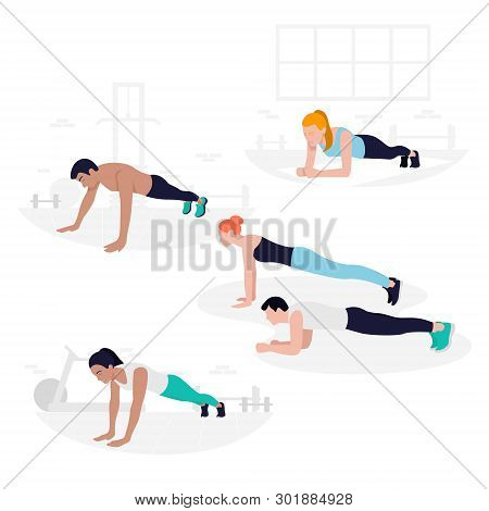Young Fit People Doing Plank Exercise. Core Workout, Loss Weight.