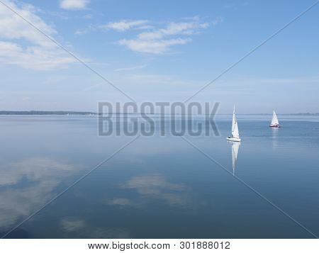 Goczalkowice, Poland On May 2019: Two Yachts On Landscapes Of Artificial European Reservoir With Bea