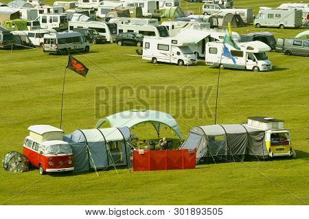 Chester, England, Uk, Europe - April 19, 2019 : Camping In Chester Racecourse The Oldest Racecourse 