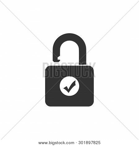 Open Padlock And Check Mark Icon Isolated. Security Check Lock Sign. Flat Design. Vector Illustratio