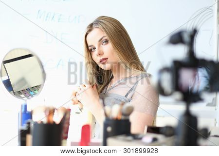 Caucasian Blogger Broadcast Beauty Video Blog. Female Makeup Artist Glamour Vlogger. Stunning Blond 
