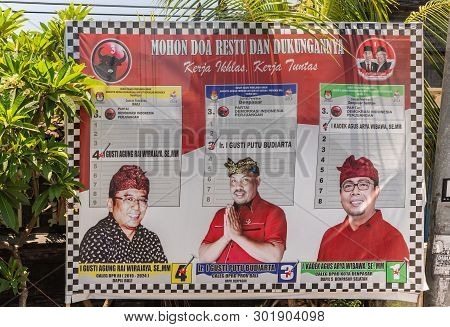 Bali, Indonesia - February 25, 2019: Poster National Election Along The Road In Denpasar Shows Three