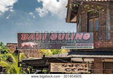 Bali, Indonesia - February 25, 2019: Butcher And Meat Shop Along Road In Ubung Kaja, Cokroaminoto St