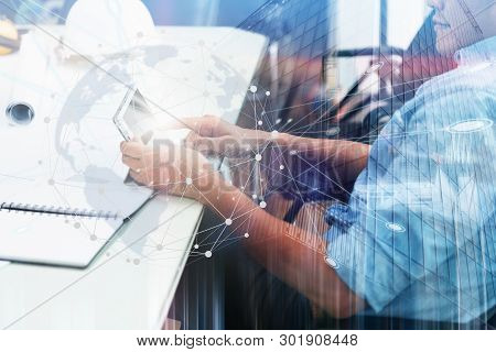 Engineer Using Internet Technology And Network For The Research In The Job. Work Development With Te