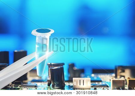 New Technology Concept. Scientific Or Chemical Liquid Sample On Abstract Technological Background, S