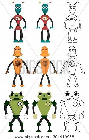 Set Of Robots In Different Style. Isolated Stock Vector Illustration