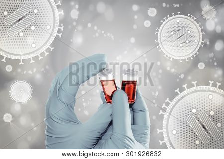 Gloved Hands Hold Liquid Samples On Background With Flu Virus Particles, Text Space