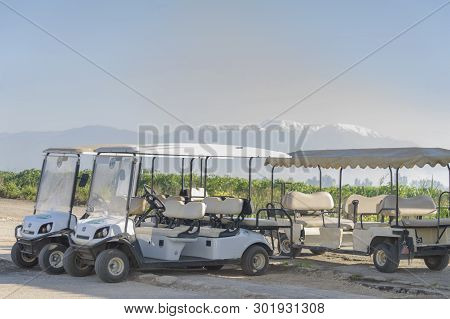 Velomobiles, Safari Wagons For Rent. Excursion, Bird Watching, Tour In Park. Leisure Activities And 