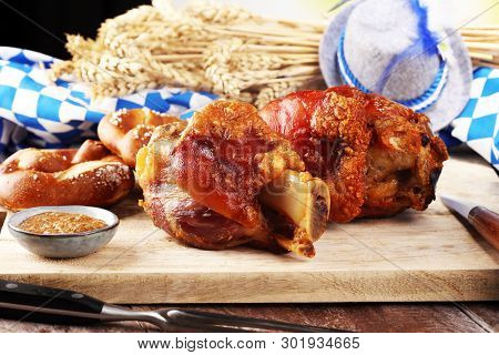 Traditional German Cuisine, Schweinshaxe Roasted Ham Hock And Pretzels