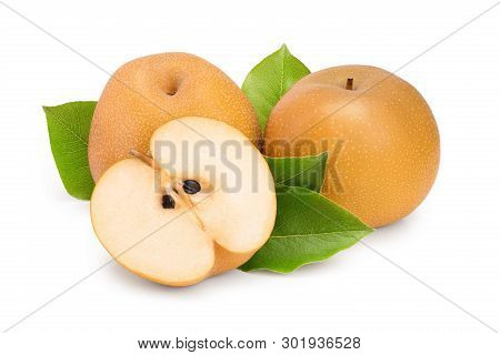 Fresh Asian Pear With Leaf Isolated On White Background