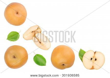 Fresh Asian Pear With Leaves Isolated On White Background With Copy Space For Your Text. Top View. F