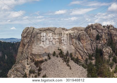 An Aerial View Of Mount Rushmore Narional Memorial Showing The Carved Faces Of Past Presidents Georg