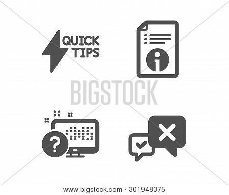 Set Of Quickstart Guide, Technical Info And Online Quiz Icons. Reject Sign. Lightning Symbol, Docume