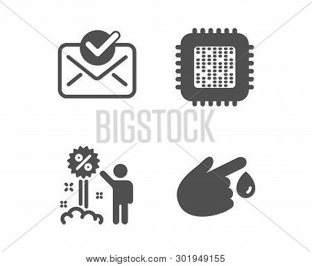 Set Of Approved Mail, Cpu Processor And Discount Icons. Blood Donation Sign. Confirmed Document, Com