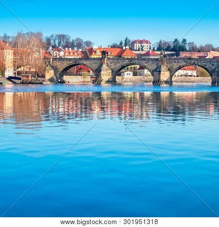Prague, Closeup On Charles Bridge Reflected In Vltava River In The Morning, Vertical Panorama, Space