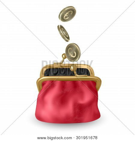 The Red, Opened Purse. Gold Coins Raining To Open Wallet. Golden Coins Money, Euros Dropping Or Fall