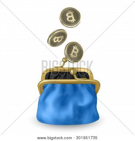 The Blue, Opened Purse. Gold Coins Raining To Open Wallet. Golden Coins Money, Bitcoin Dropping Or F