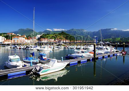 RIBADESELLA, ASTURIAS, SPAIN - MAY 15, 2019: Harbour and resort of Ribadesella, Spain, Europe