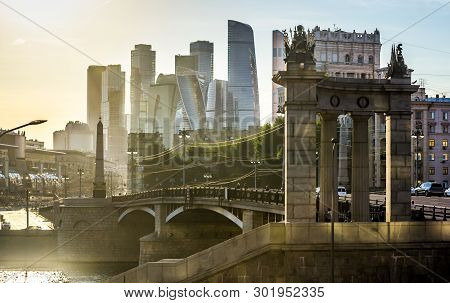 Panorama Of Moscow With Modern Skyscrapers Of Moscow-city, Russia. Sunny View Of Borodinsky Bridge O