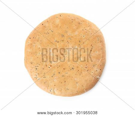 Tasty Pita With Herbs Isolated On White, Top View. Fresh Bread
