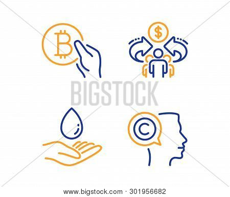 Sharing Economy, Water Care And Bitcoin Pay Icons Simple Set. Writer Sign. Share, Aqua Drop, Cryptoc