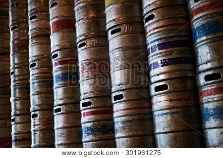 Steel Beer Barrels Wall Background Texture, Close-up