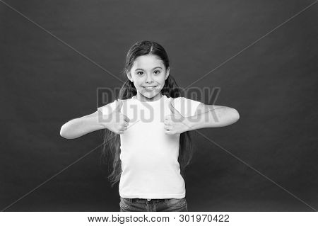 That Is Right. Little Girl Excited Smiling Face. Kid Happy Cute Face Feels Excited Red Background. E