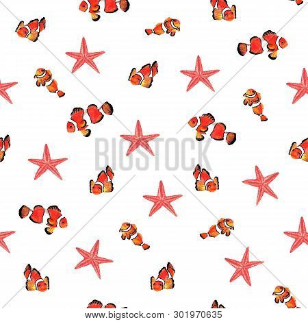 Watercolor Seamless Pattern Of Amphiprion Percula, Asterias