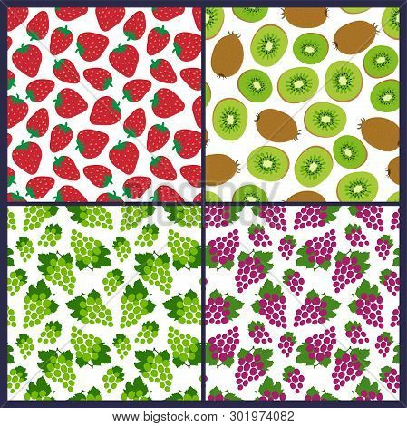 Strawberry, Kiwi, Grapes Seamless Pattern. Berries And Fruits. Fashion Design. Food Print For Dress,