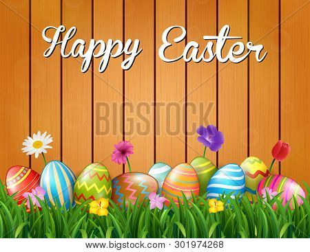 Happy Easter With Flowers And Colored Eggs In The Grass On The Wood Background