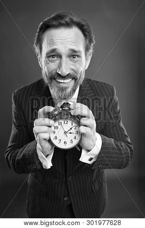 Time Is Merciless. Businessman Formal Suit Hold Alarm Clock. Deadline Concept. Last Minute. Time Man