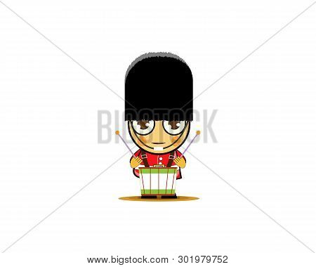 Soldier Drummer, Member Of Army Military Band With Musical Instrument. Vector Illustration On A Whit