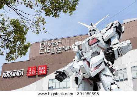 Tokyo, Japan - April 28, 2019, Rx-0 Unicorn Gundam Statue In Destroy Mode At Diver City Plaza Tokyo,