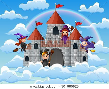 Witches With Her Magic Broom Flew Around The Castle On The Clouds
