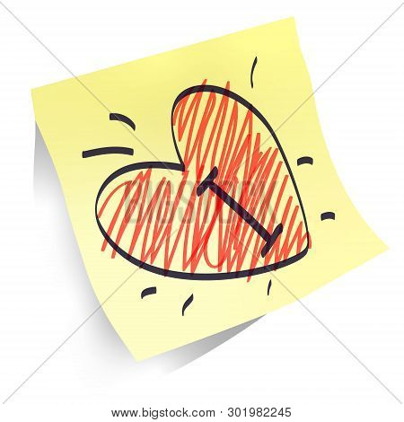 Heart Shapes Handwritten On Yellow Paper Sticker Isolated, Declaration Of Love Red And Black Marker