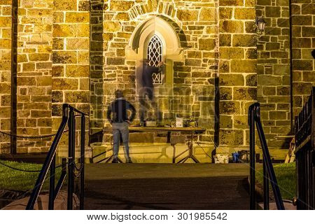 Men Are Reapiring Historic Church Window In Donegal Town - Ireland
