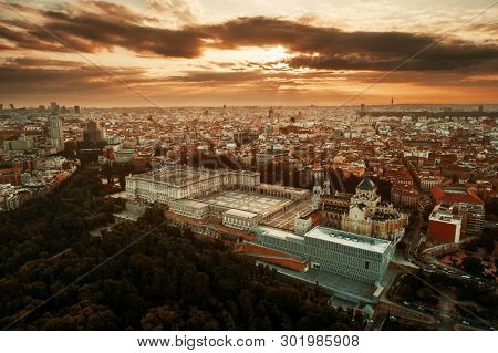Royal Palace aerial view at sunrise in Madrid, Spain.