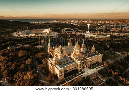 National Art Museum of Catalonia aerial view at sunrise in Montjuic Barcelona