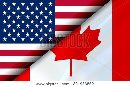 Flags Of The Usa And Canada Divided Diagonally. 3d Rendering