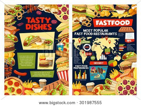 Fast Food Infographic, Popular Fastfood Restaurants On World Map And Sandwiches Preference Percent. 