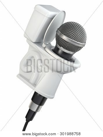 Concept With Microphone And Toilet Bowl Isolated On A White Background - 3d Illustration
