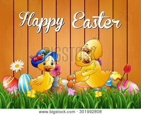 Happy Easter Duck Family On The Grass