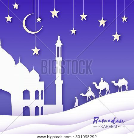 Ramadan Kareem.white Mosque Landscape, Camel, Stars. Paper Cut Art Style. Landsape Sand Dune.crescen