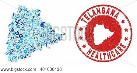 Vector Collage Telangana State Map With Inoculation Icons, Analysis Symbols, And Grunge Doctor Rubbe