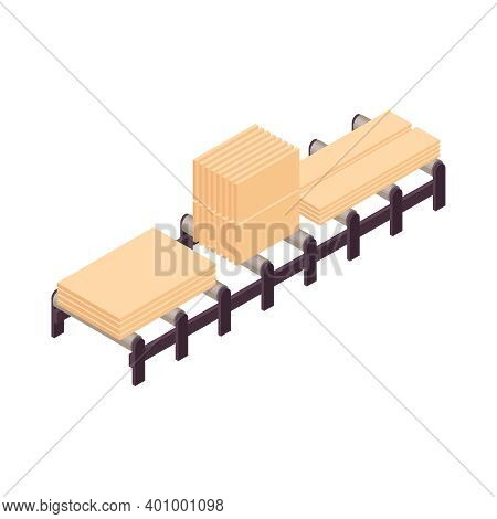 Isometric Wooden Furniture Composition With Woodcraft Timberware On Conveyor Vector Illustration